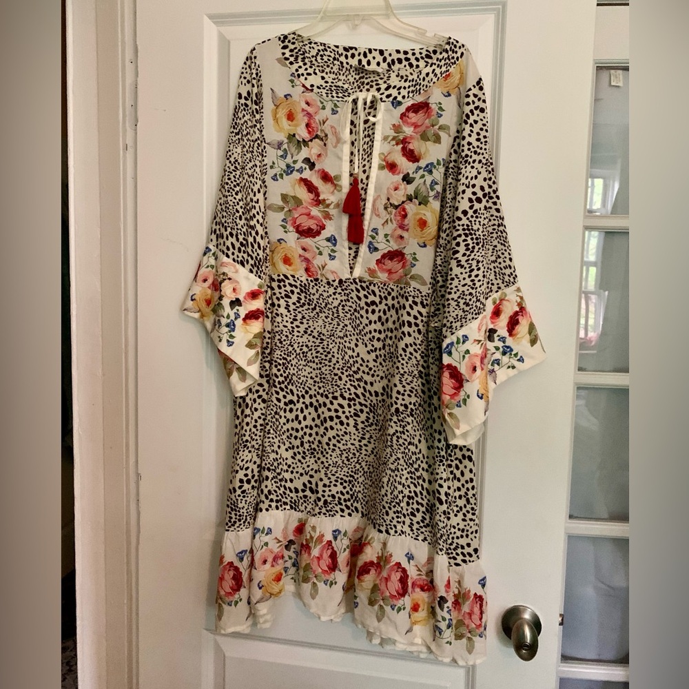 Johnny Was Floral and Leopard Print Dress - Cream, Black, Red